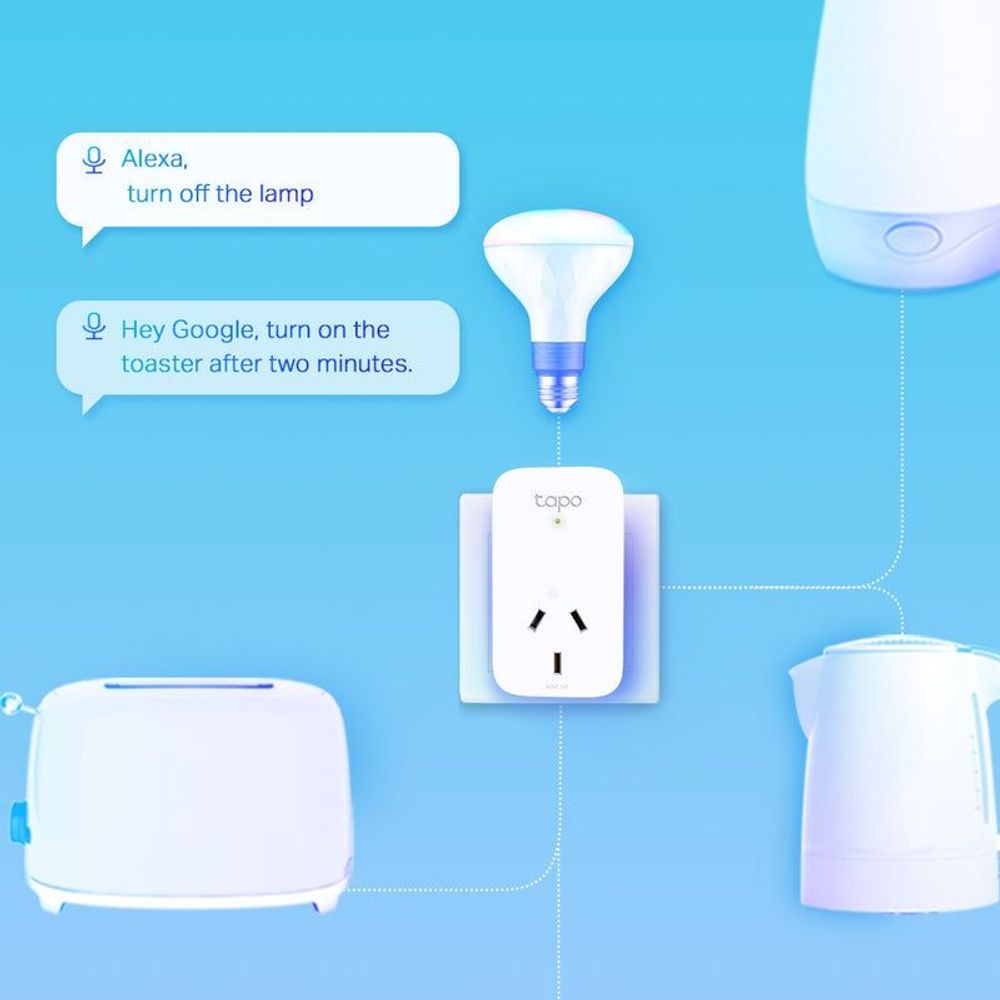 White Tapo mini smart Wi‑Fi socket with plug ports connected to a light bulb