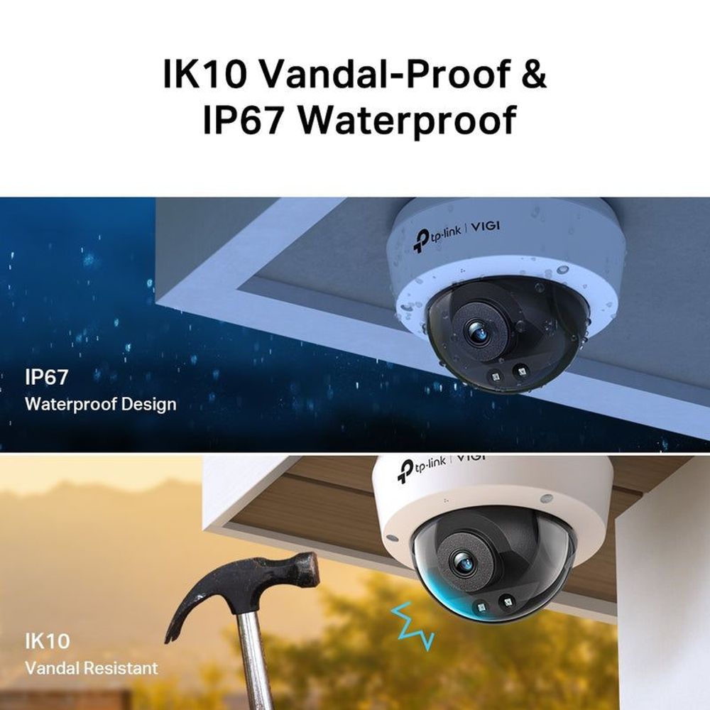 Outdoor protection infographic with IK10 and IP67 labels and dome camera