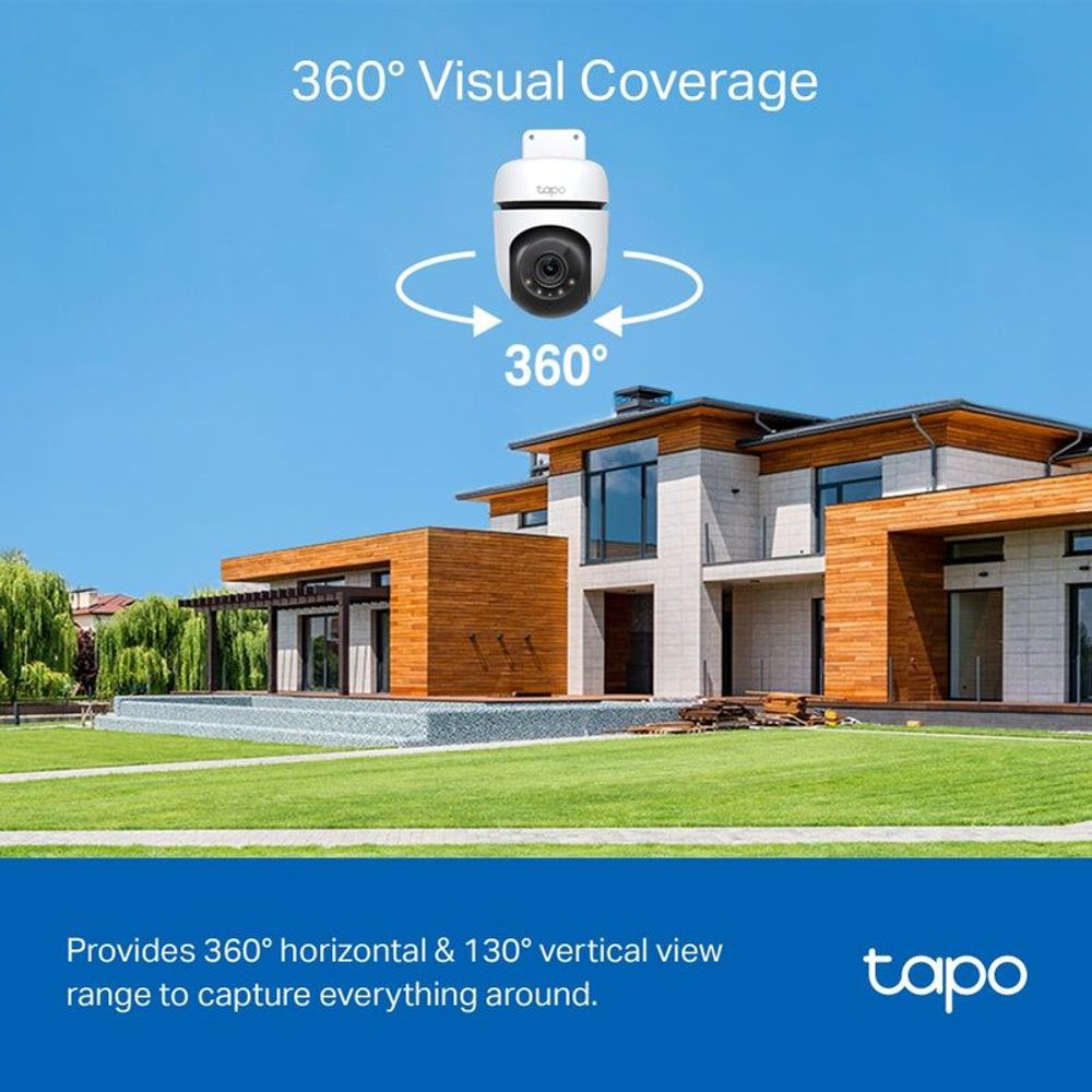 TP-Link Tapo outdoor pan-tilt security WiFi camera, white dome on wall mount
