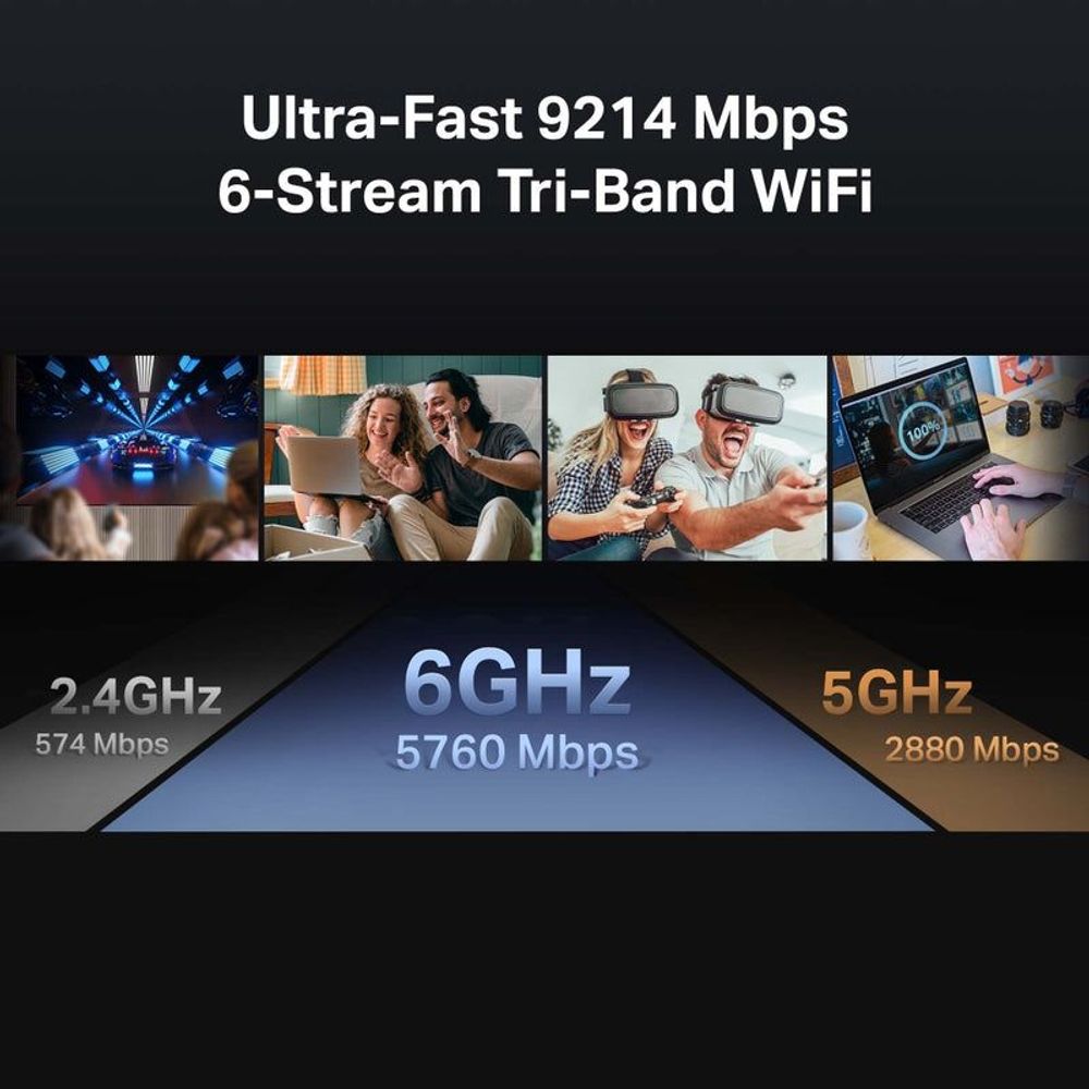 TP-Link Wi‑Fi 7 router graphic showing Ultra-Fast 9214 Mbps 6-stream tri-band.