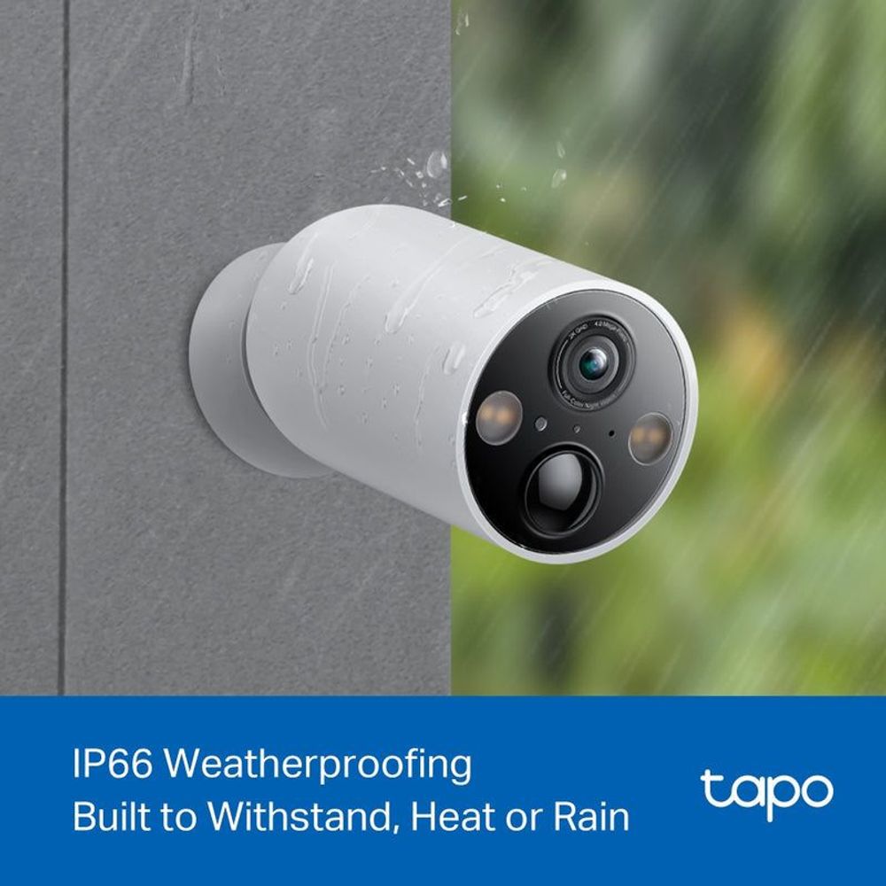 TP-Link Tapo white wire-free security camera mounted outdoors, weatherproof for rain or heat