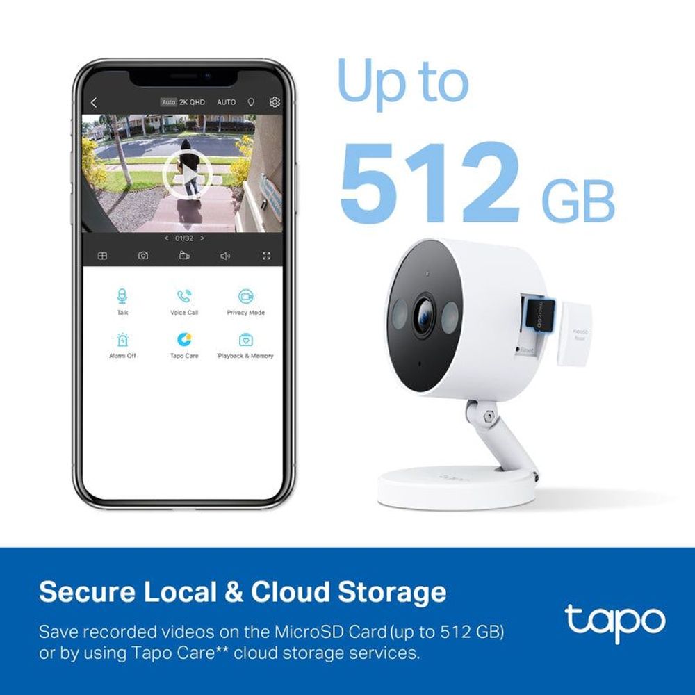 White Wi‑Fi security camera with compact base and attached cable shown with phone preview