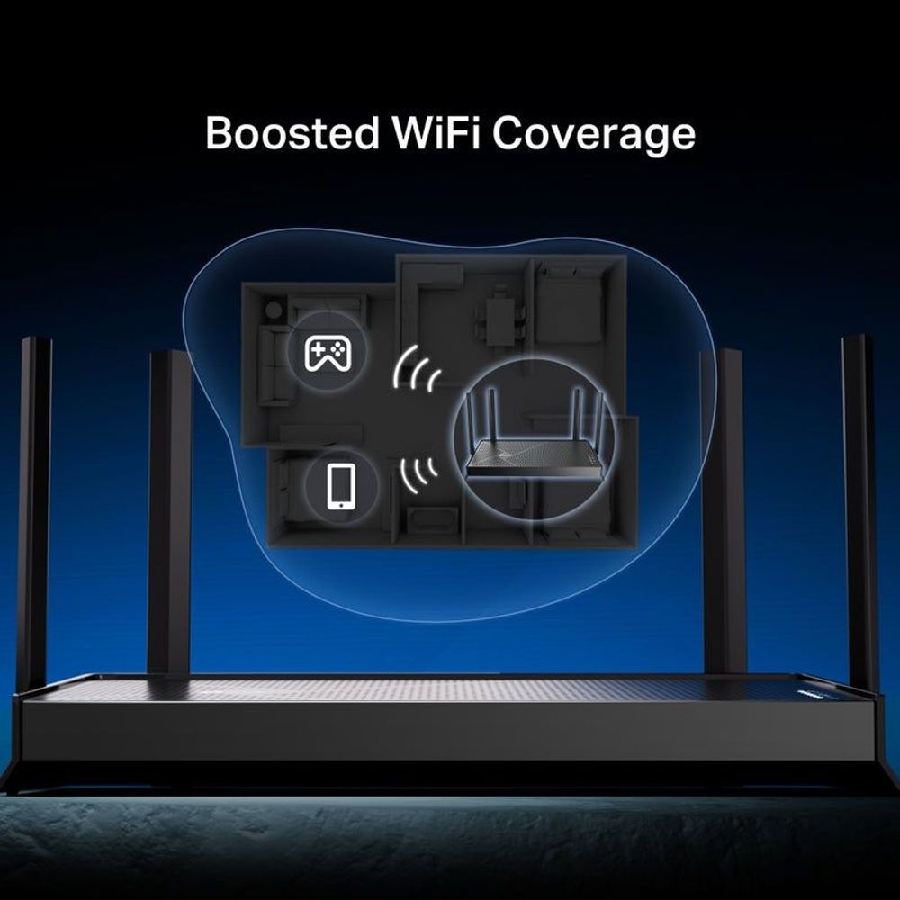 Wi-Fi router with four antennas and coverage indicator overlay graphic