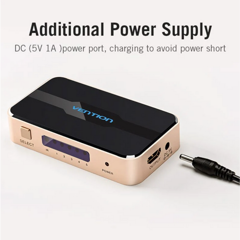 Vention HDMI switcher top view with Select controls and DC 5V power input port