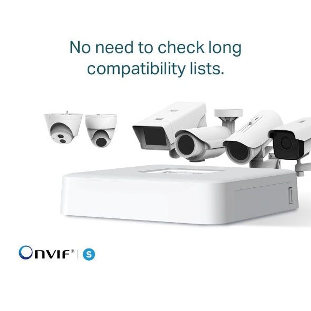 TP-Link VIGI 4-channel PoE NVR with connected security cameras illustration