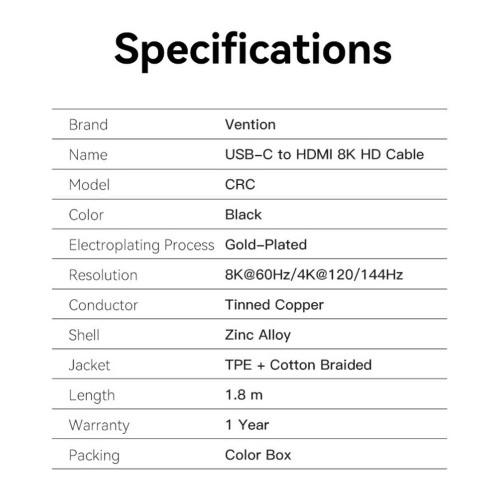 Cable specifications table showing black color, 1.8 m length, and 8K@60Hz resolution