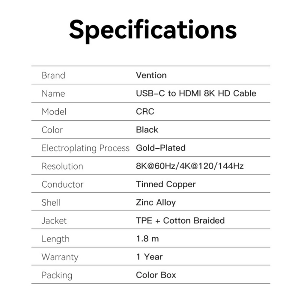 VEN-CRCBAC - Vention Cotton Braided USB-C to HDMI-A 8K HD Cable 1.8M Black Zinc Alloy Type