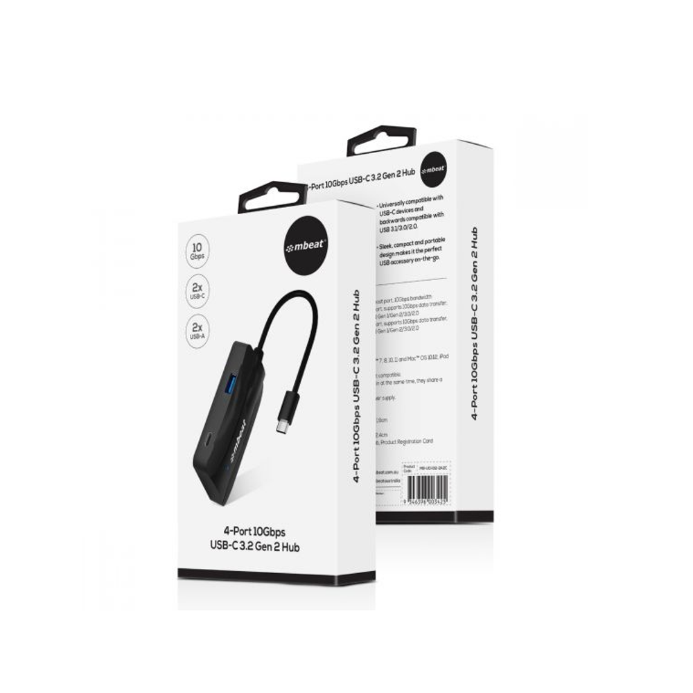 Mbeat 4-port USB-C hub retail package with included hub and cable