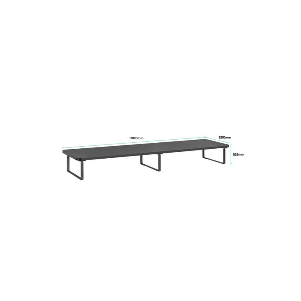 Black dual monitor riser stand with size measurements shown on the frame.