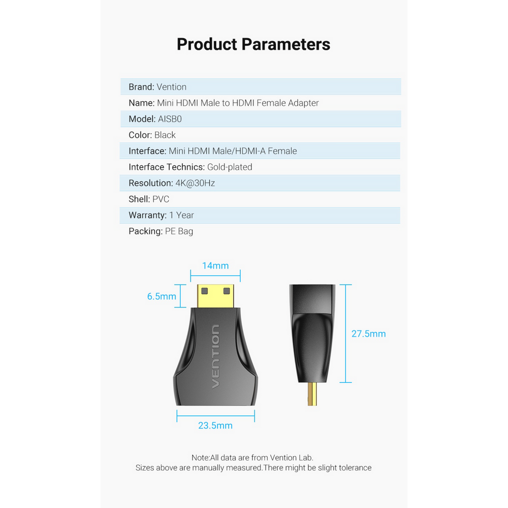 Black Mini HDMI male to HDMI female adapter with side and front size diagram