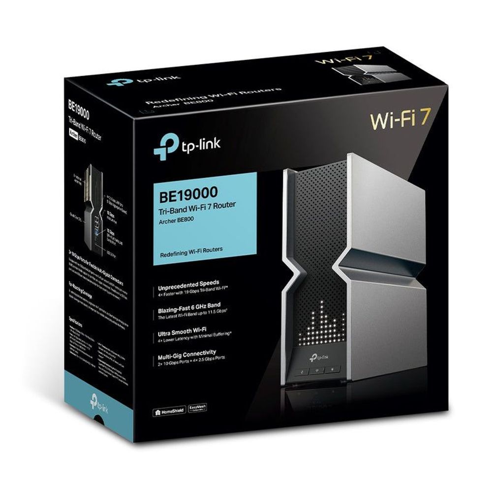 TP-Link Archer BE800 Wi‑Fi 7 router retail box with router image, black packaging
