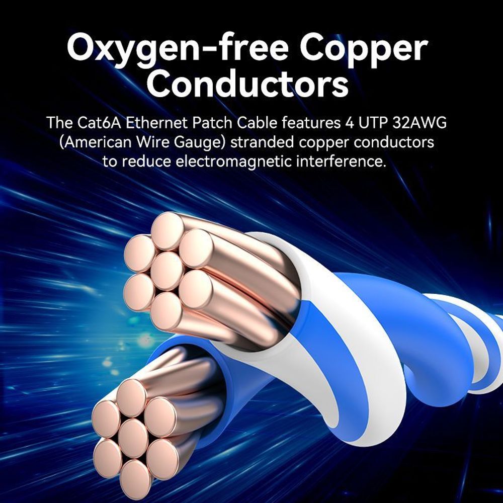 Cat6A Ethernet patch cable cross-section showing copper conductor cores