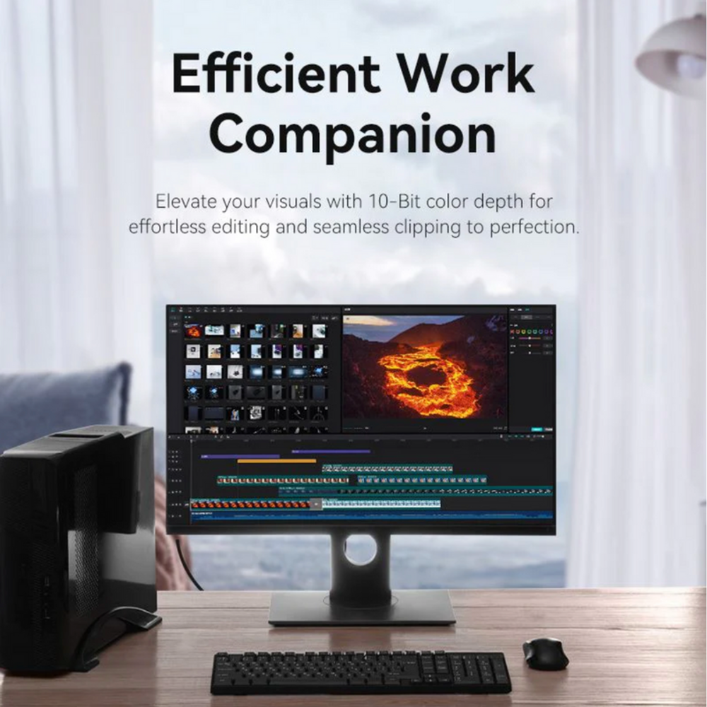 DisplayPort male-to-male cable plugged into a computer monitor
