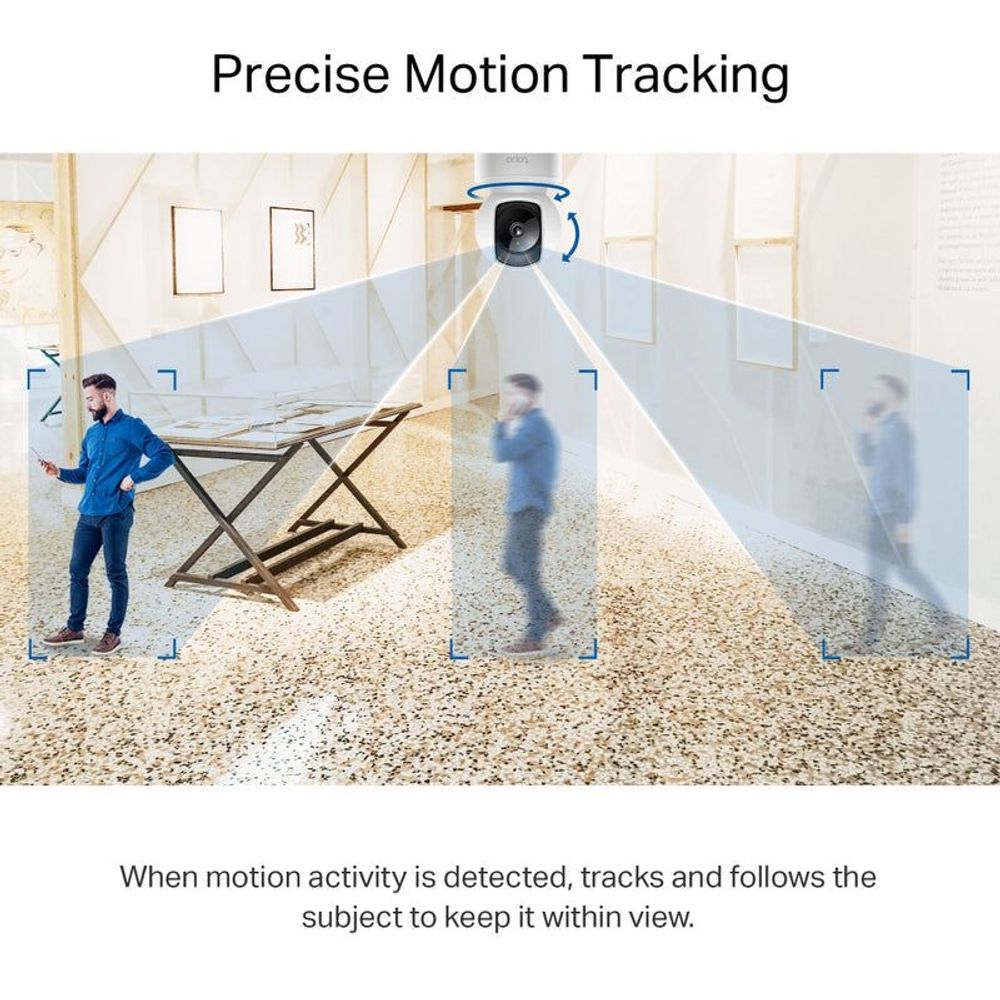 White indoor pan-tilt security camera on base with motion tracking graphic