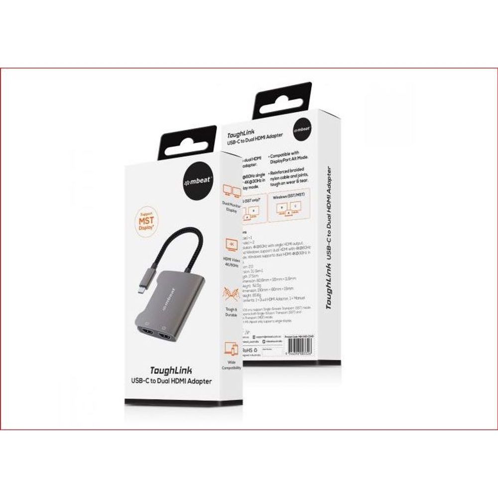 mbeat ToughLink USB-C to dual HDMI adapter retail box packaging