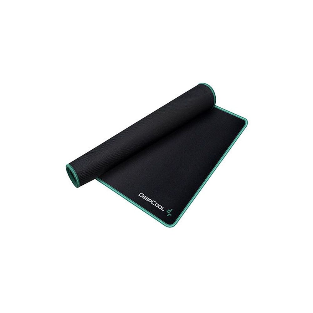 DeepCool cloth gaming mouse pad rolled view, black surface with teal trim and logo