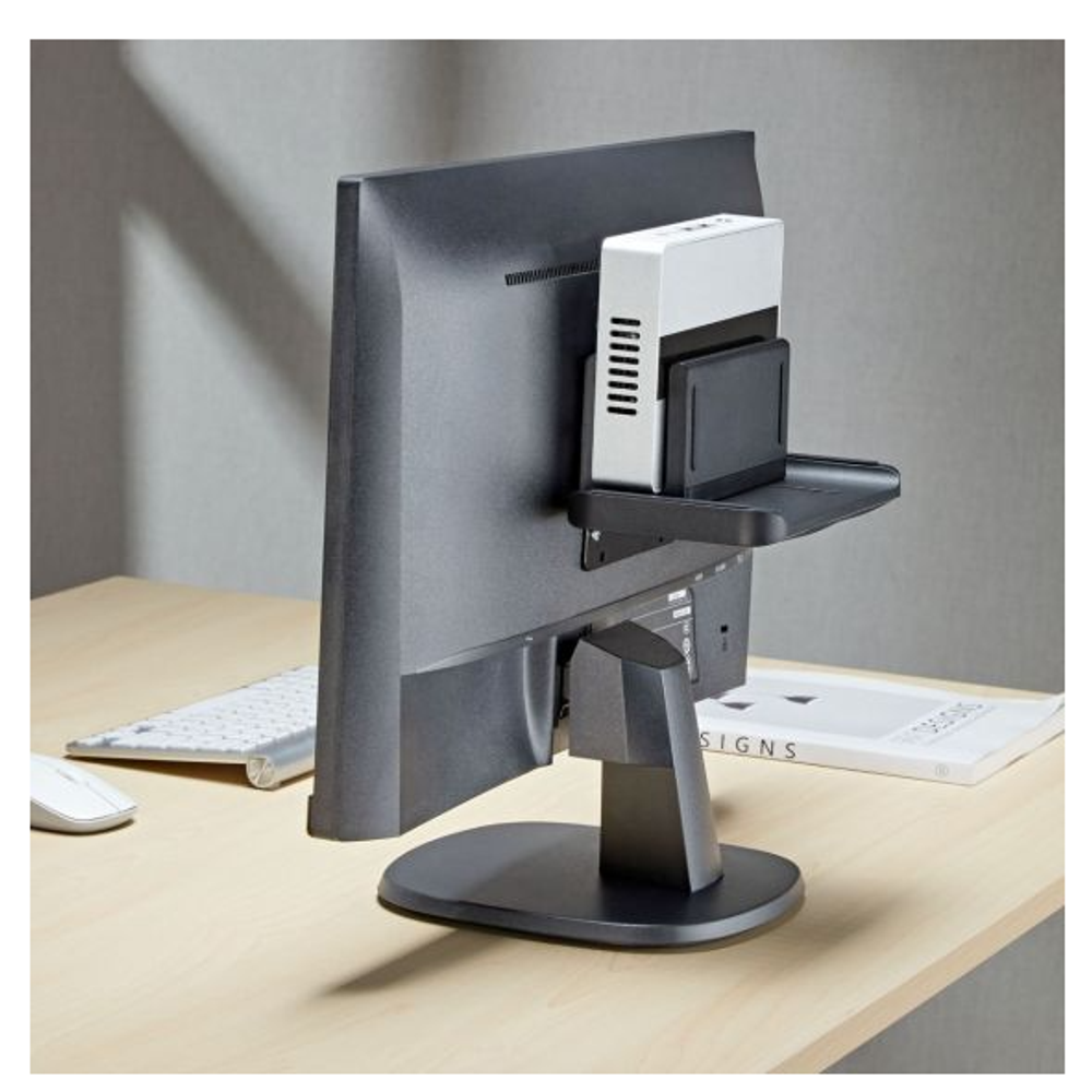 Black thin client mount stand with device mounted on a desk