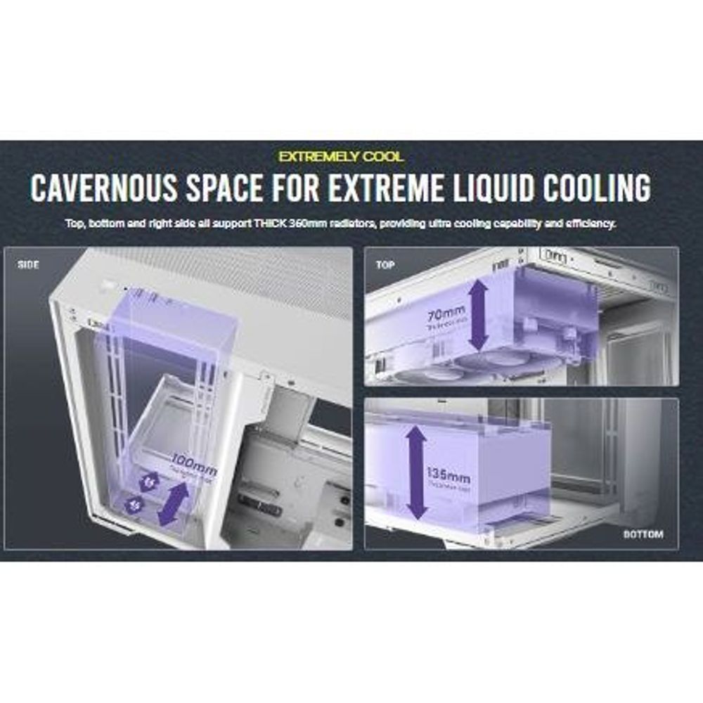 White Antec full-tower case with spacious liquid-cooling room for top, bottom, and side radiators