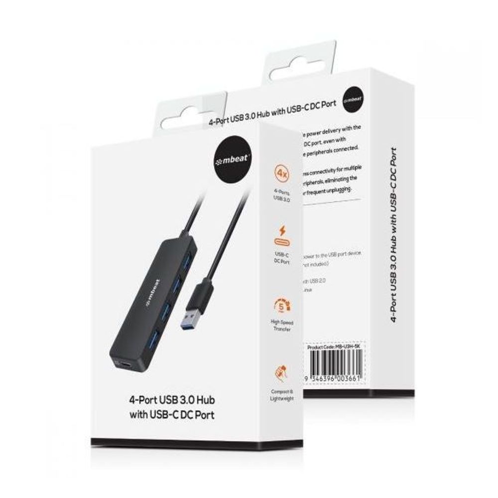 Retail box for black 4-port USB 3.0 hub with USB-C DC port