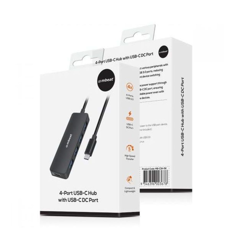 mbeat 4-port USB-C hub with USB-C DC port retail packaging, includes hub and cables