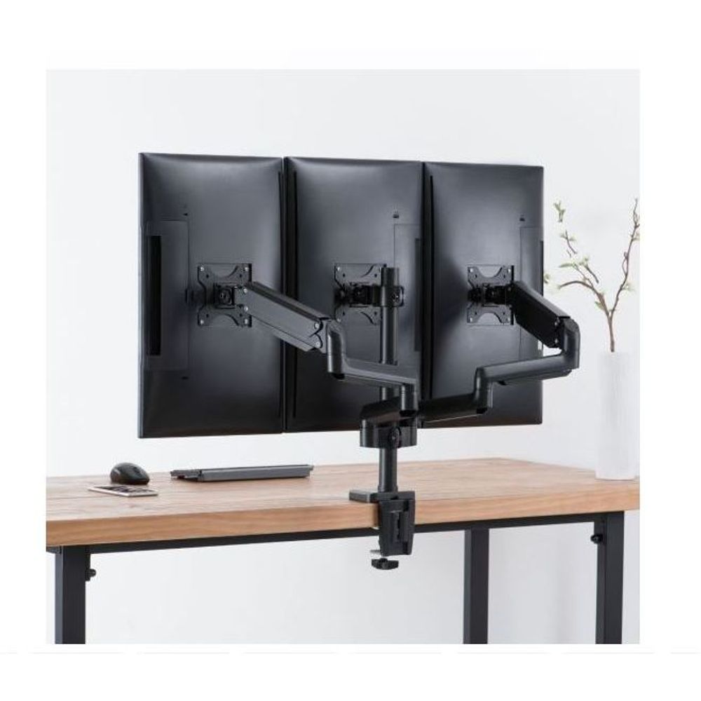 Triple monitor arm with three VESA brackets, black steel, desk-mounted and adjustable