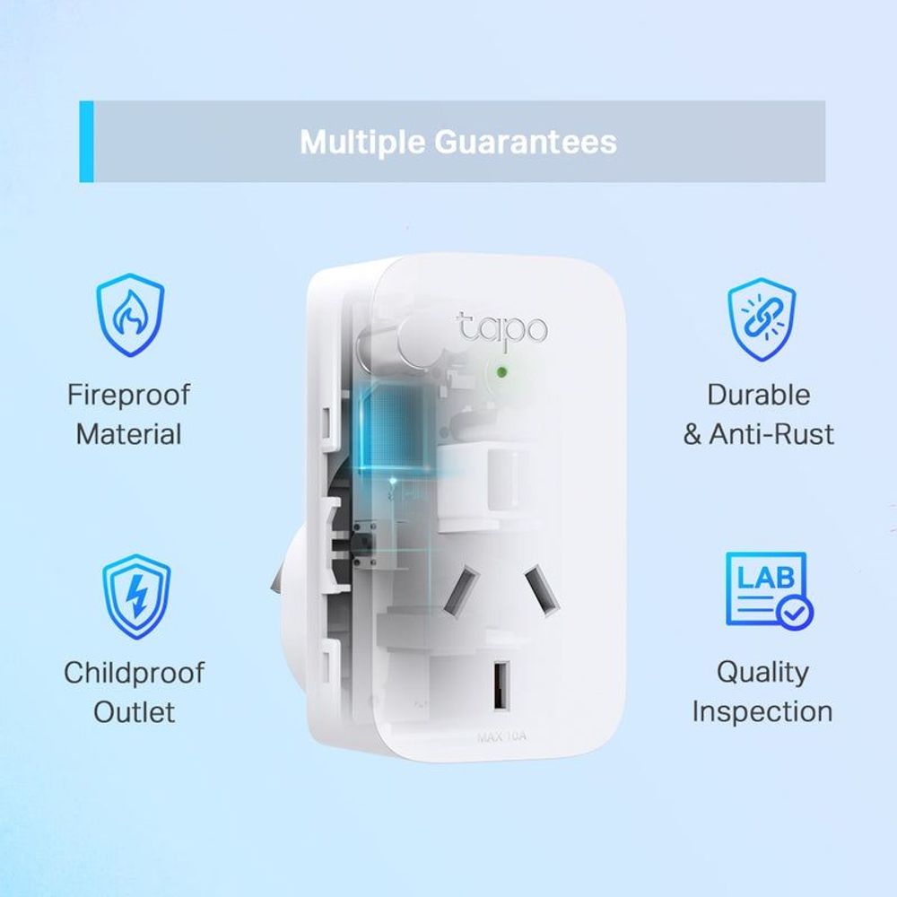 White Tapo mini smart Wi‑Fi socket with cutaway internal design and safety icons