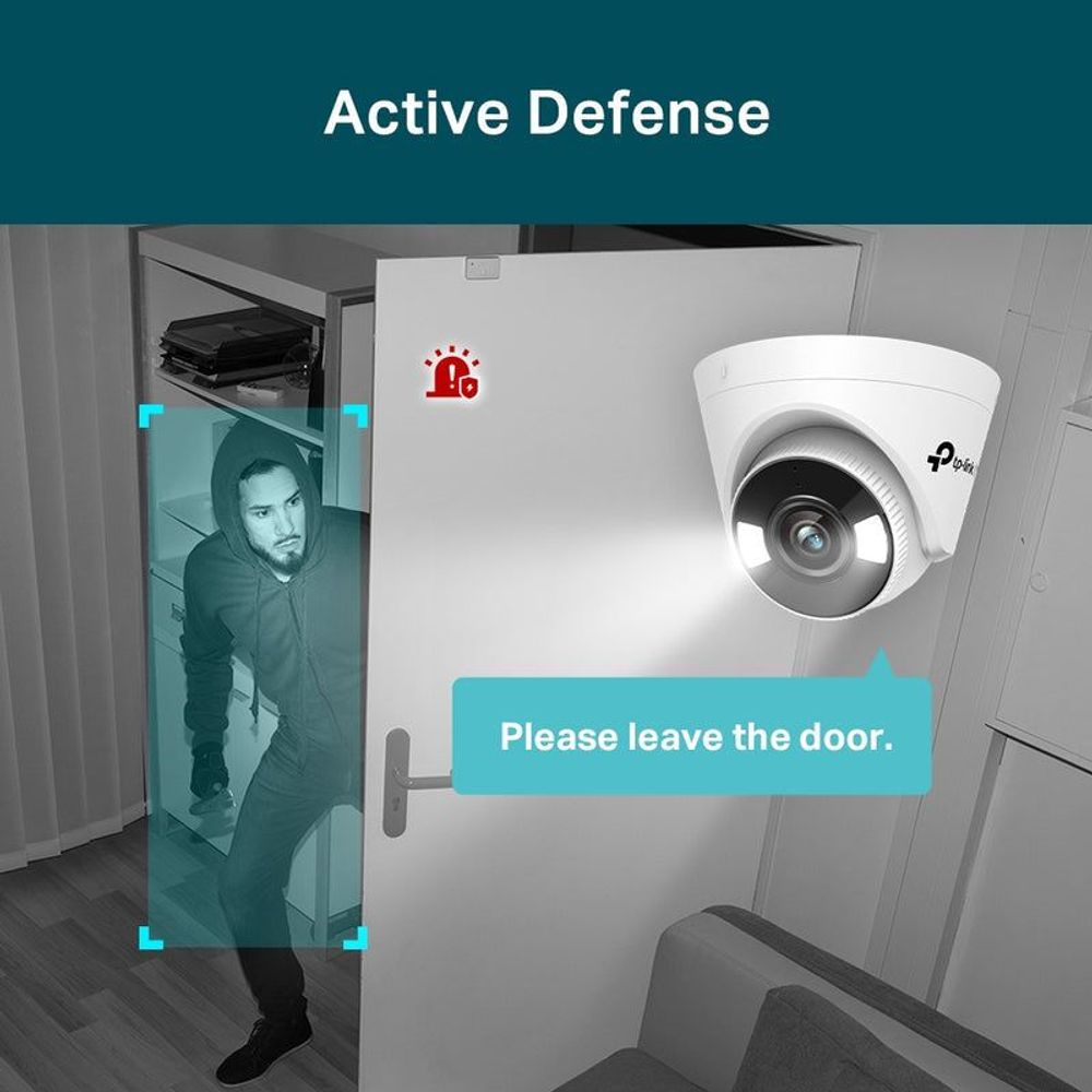 Active defense graphic showing turret camera view and alert icon indicating deterrence