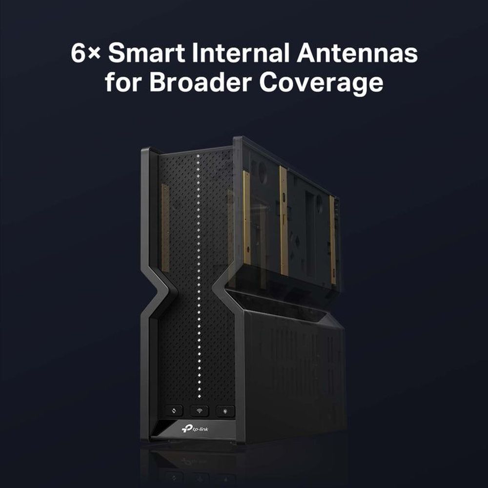 TP-Link Wi‑Fi 7 router with six smart internal antennas shown in cutaway.