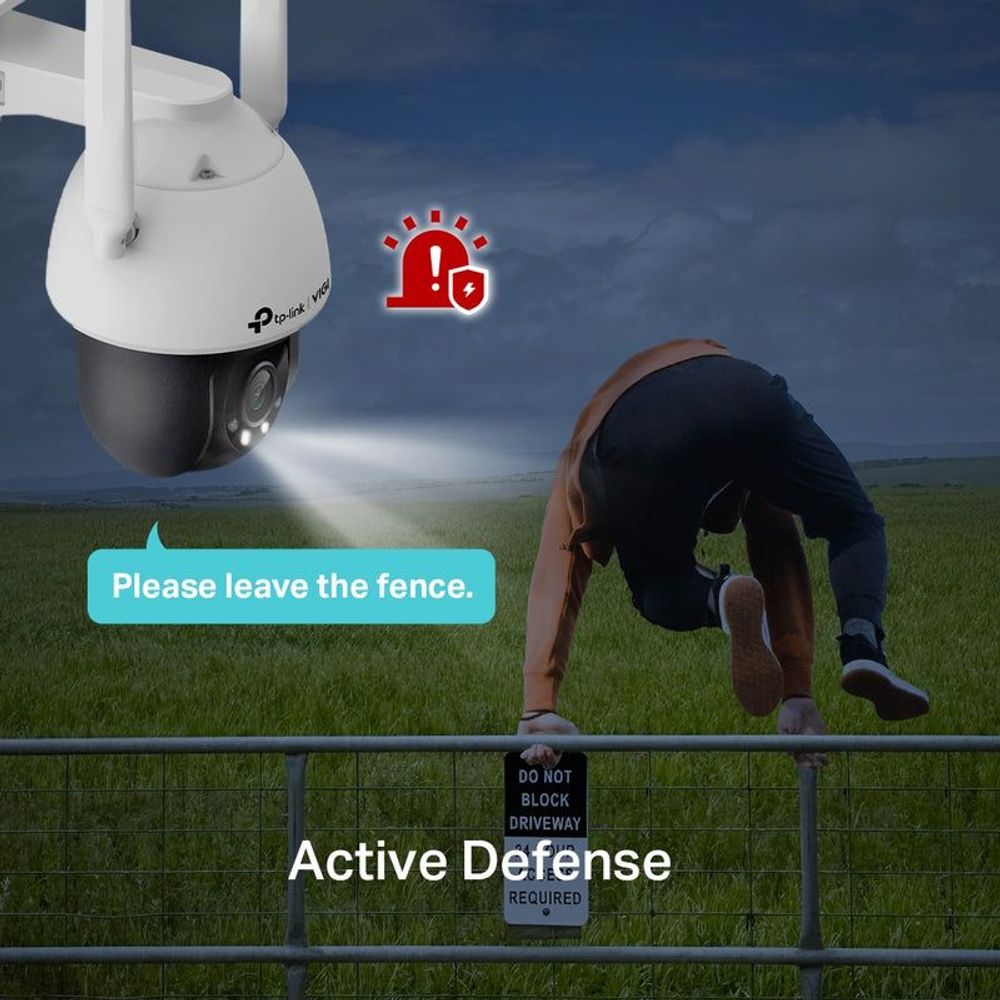 Outdoor pan-tilt camera with active defense warning and spotlight effect