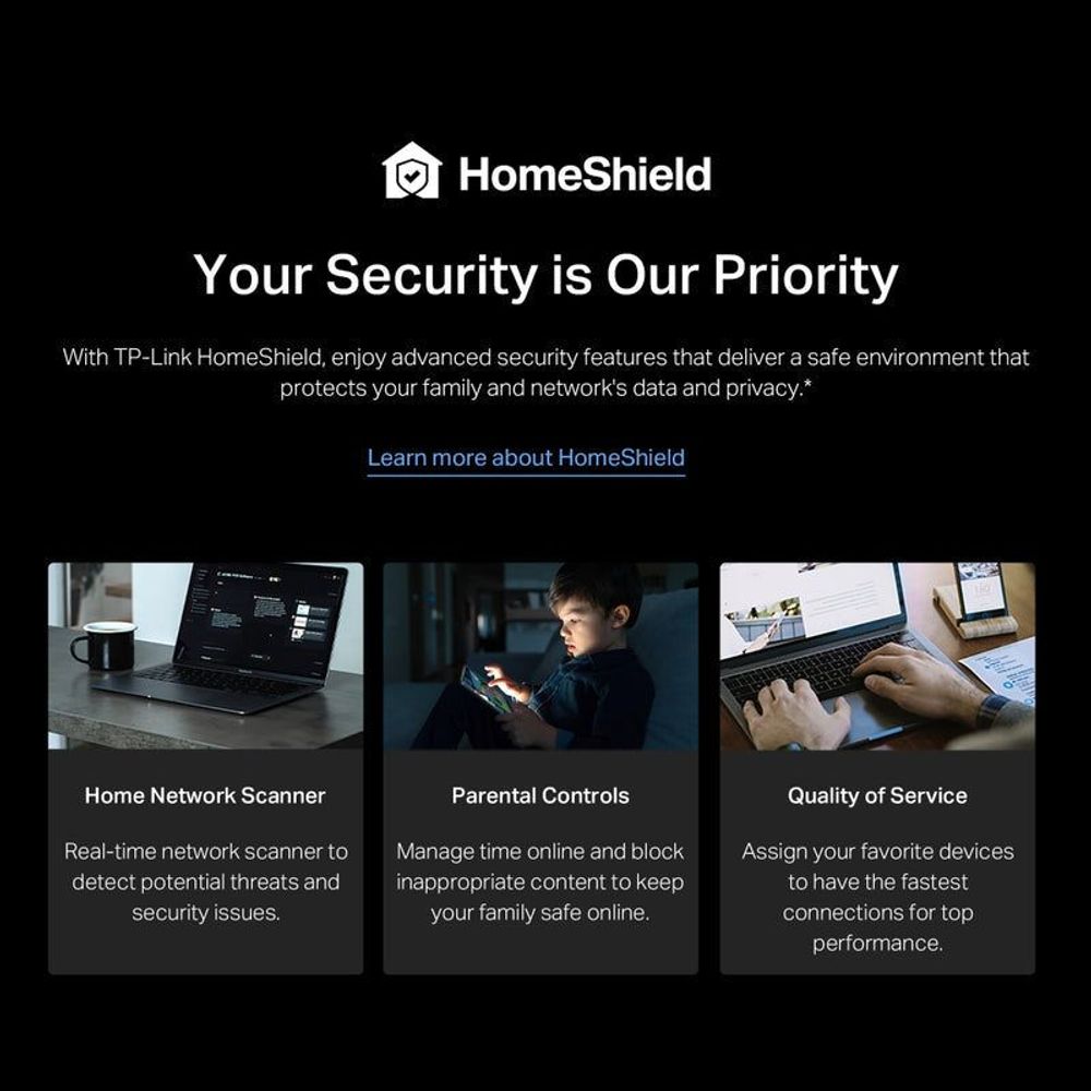 HomeShield security features banner graphic for TP-Link network protection