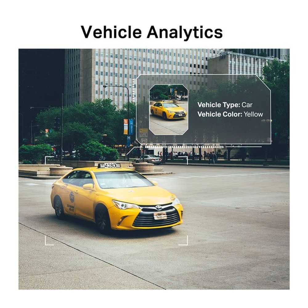 Vehicle analytics screen with car detection box and yellow vehicle label