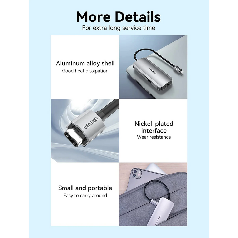 Silver aluminum USB-C docking station with durable metal housing and portable design