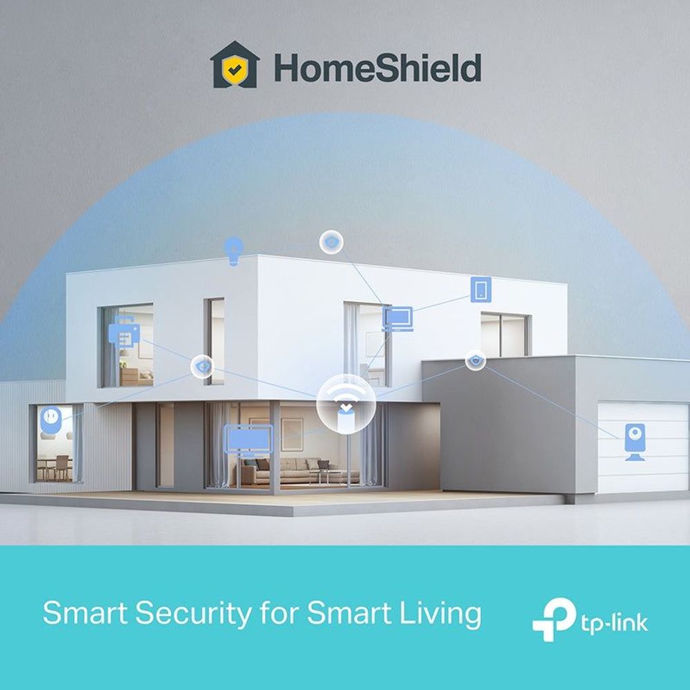 HomeShield smart security mesh WiFi system layout with devices across a home