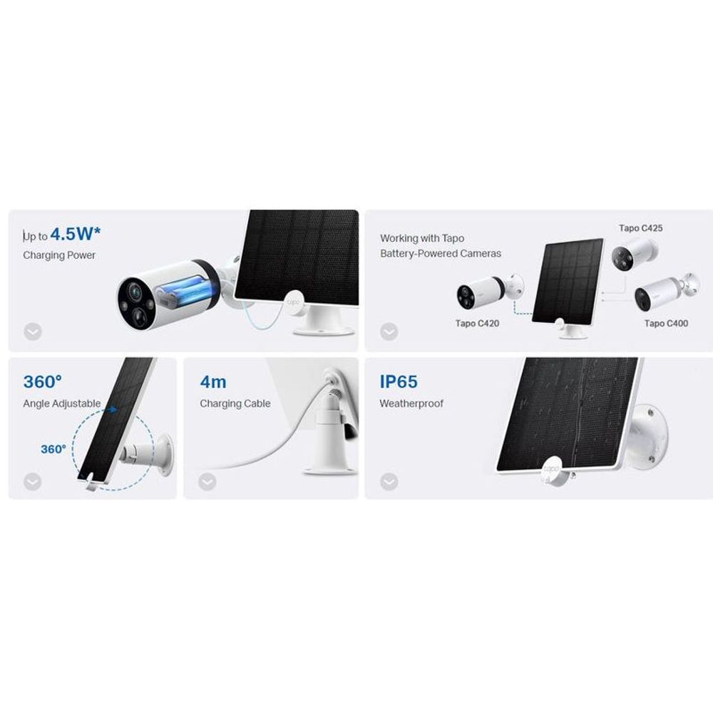 Solar panel and camera accessory overview with angle adjustment and charging cable