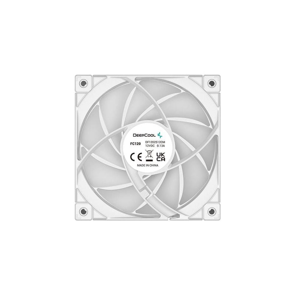 White PWM 120mm case fan rear view with fan label and mounting screws