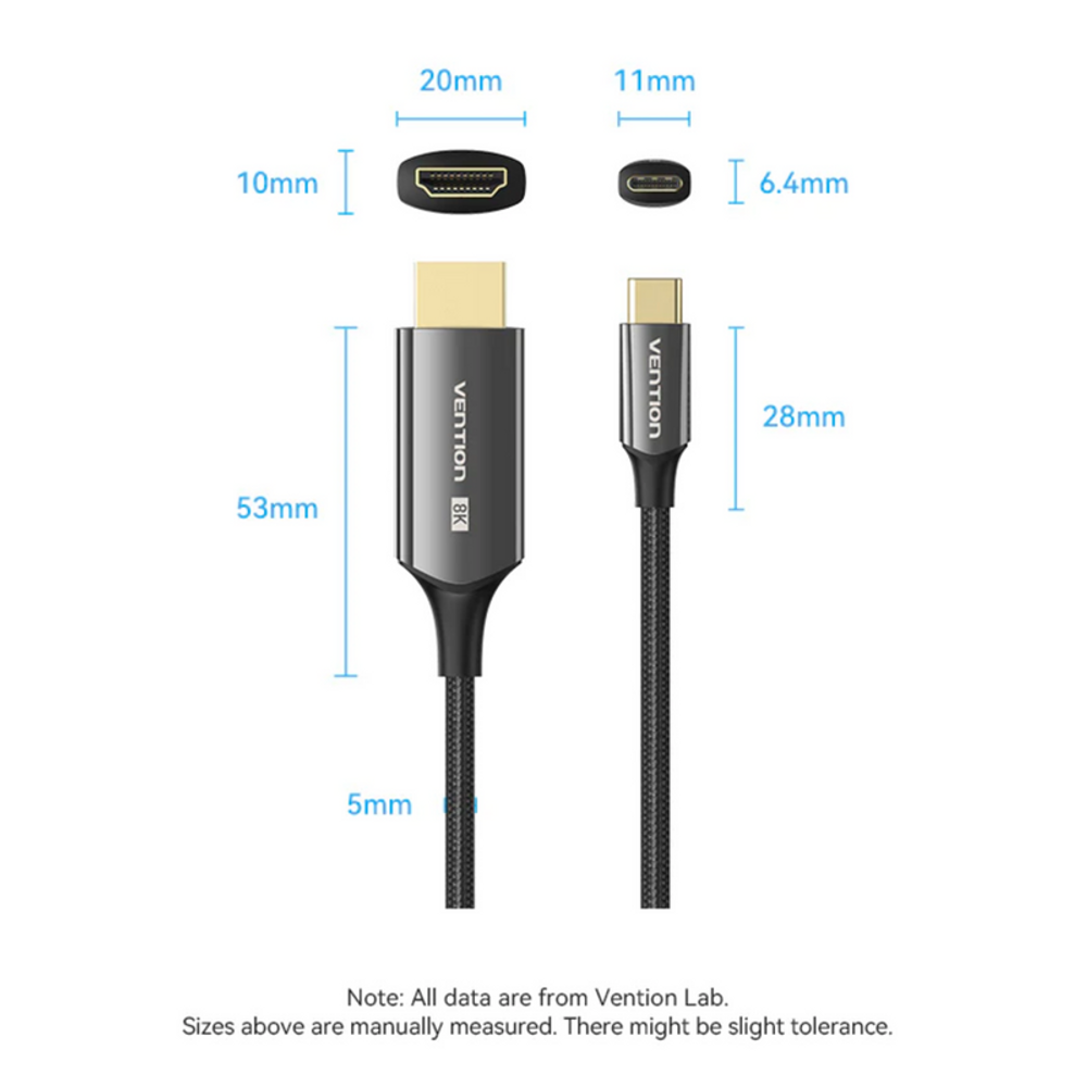 USB-C to HDMI-A cable size diagram with connector and length measurements