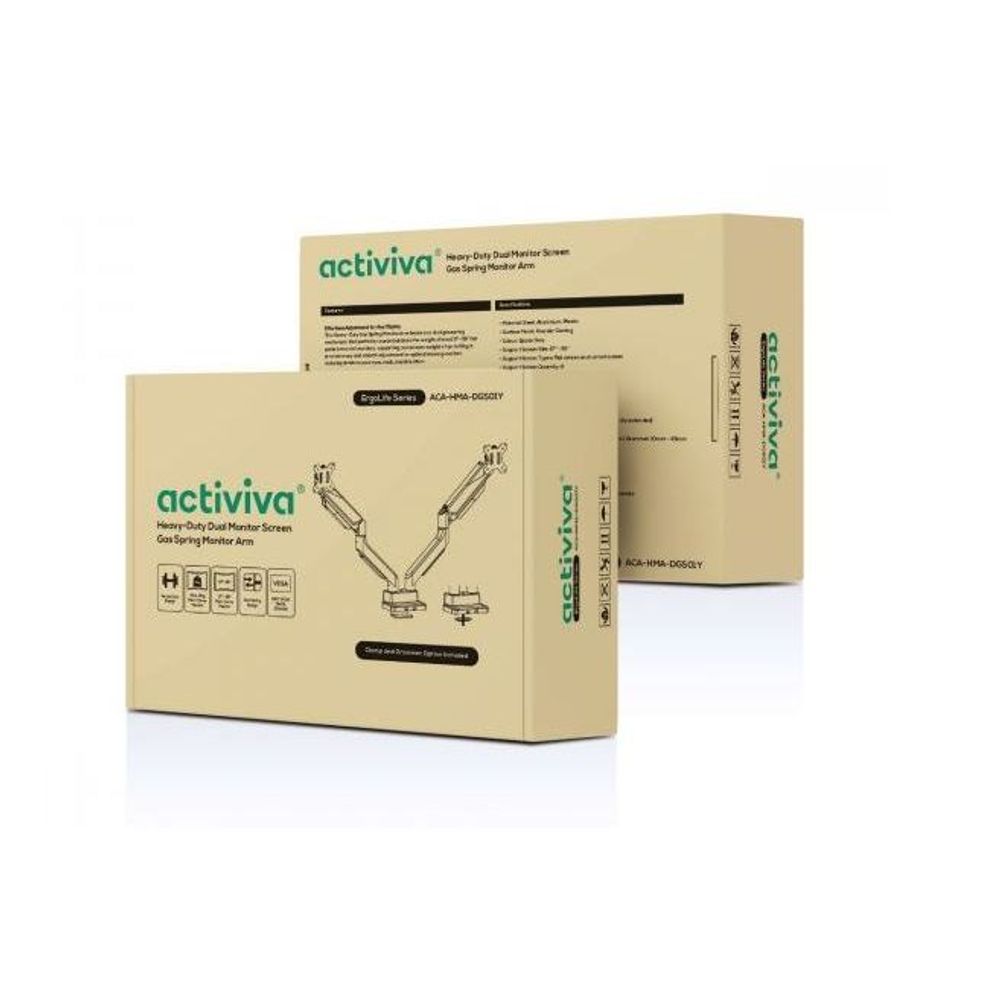 Activiva Heavy Duty dual monitor screen arm retail packaging boxes