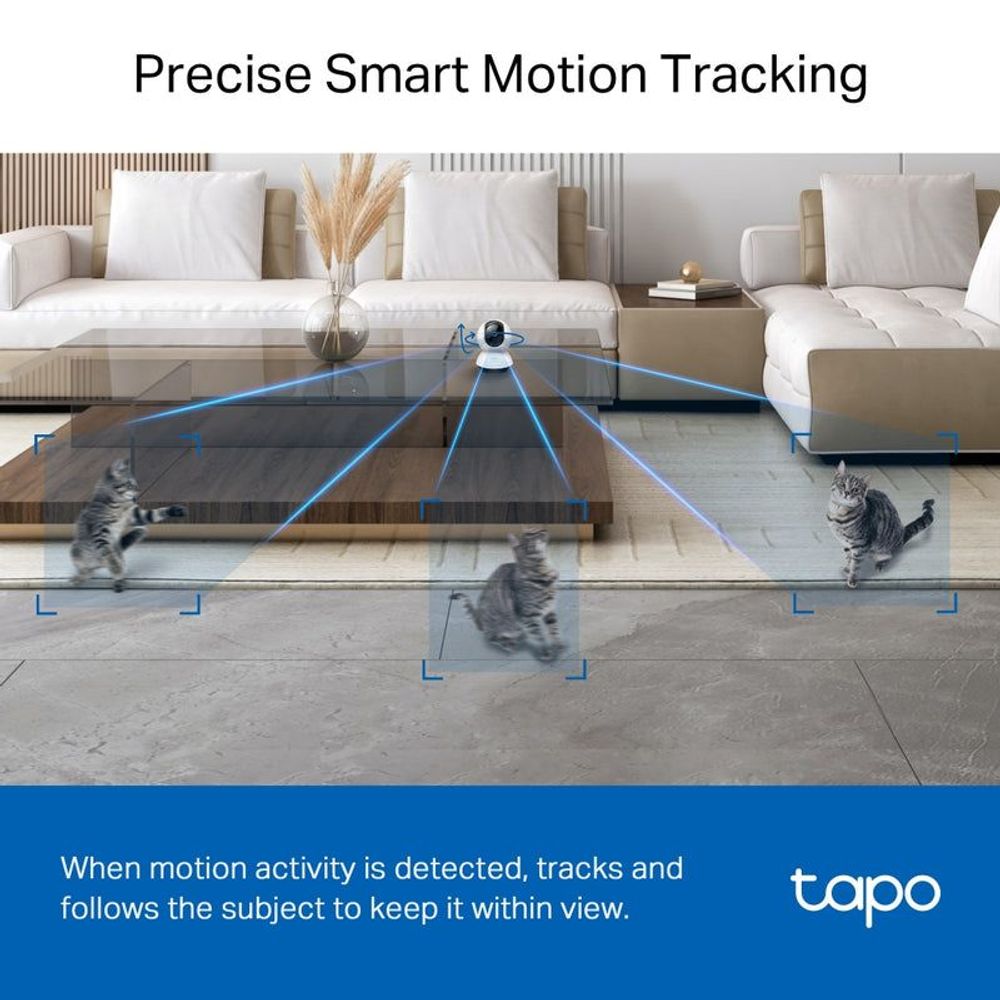 Indoor pan-tilt security camera with white housing and black lens pointed forward
