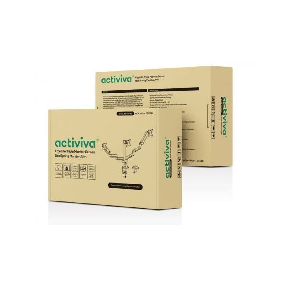 activiva ErgoLife triple monitor arm retail packaging boxes, activiva branding