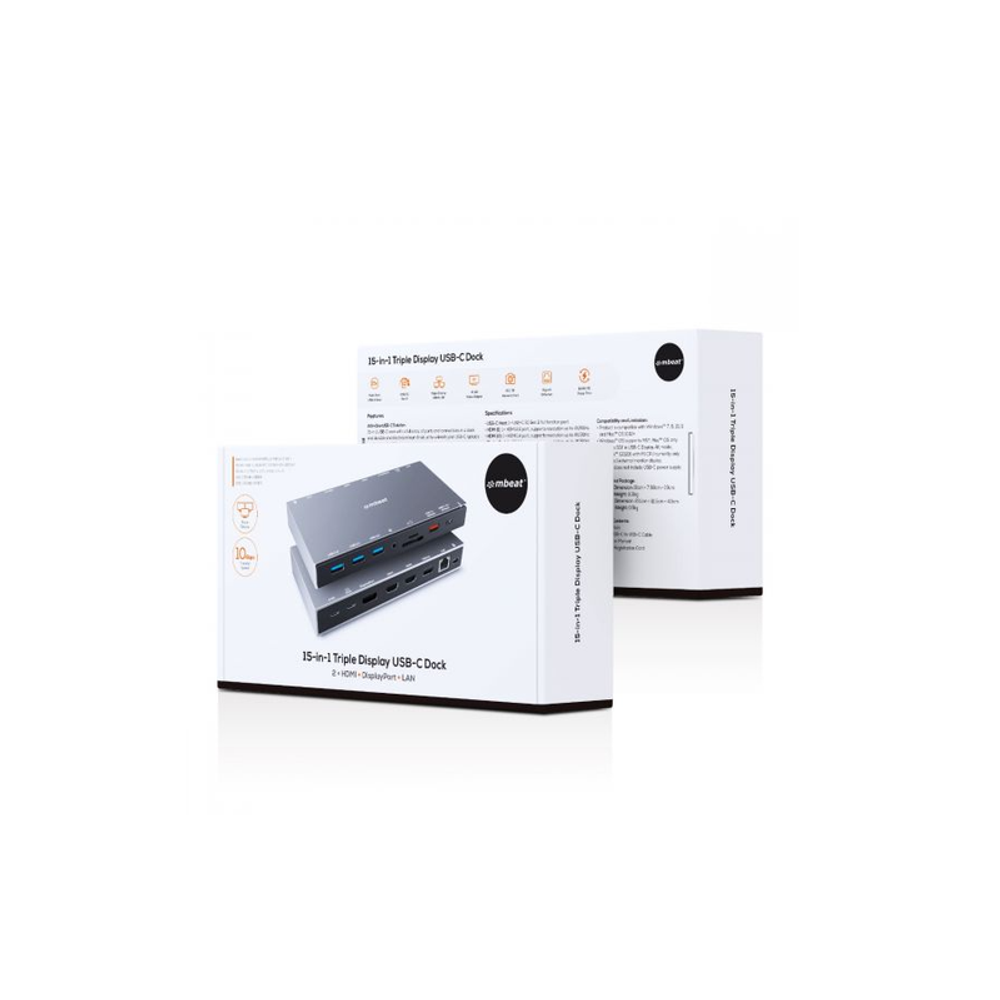 Space grey USB-C triple display dock product box and printed dock image