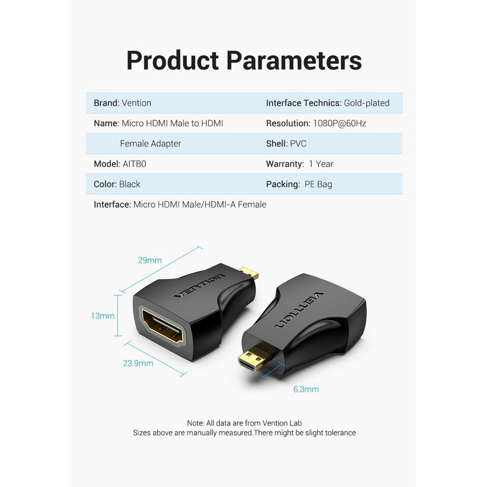 Black micro HDMI to HDMI adapter with compact size, gold-plated ports