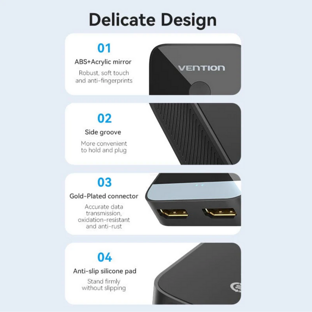 Black HDMI bi-directional switcher design details: mirror top, side grooves, gold connectors