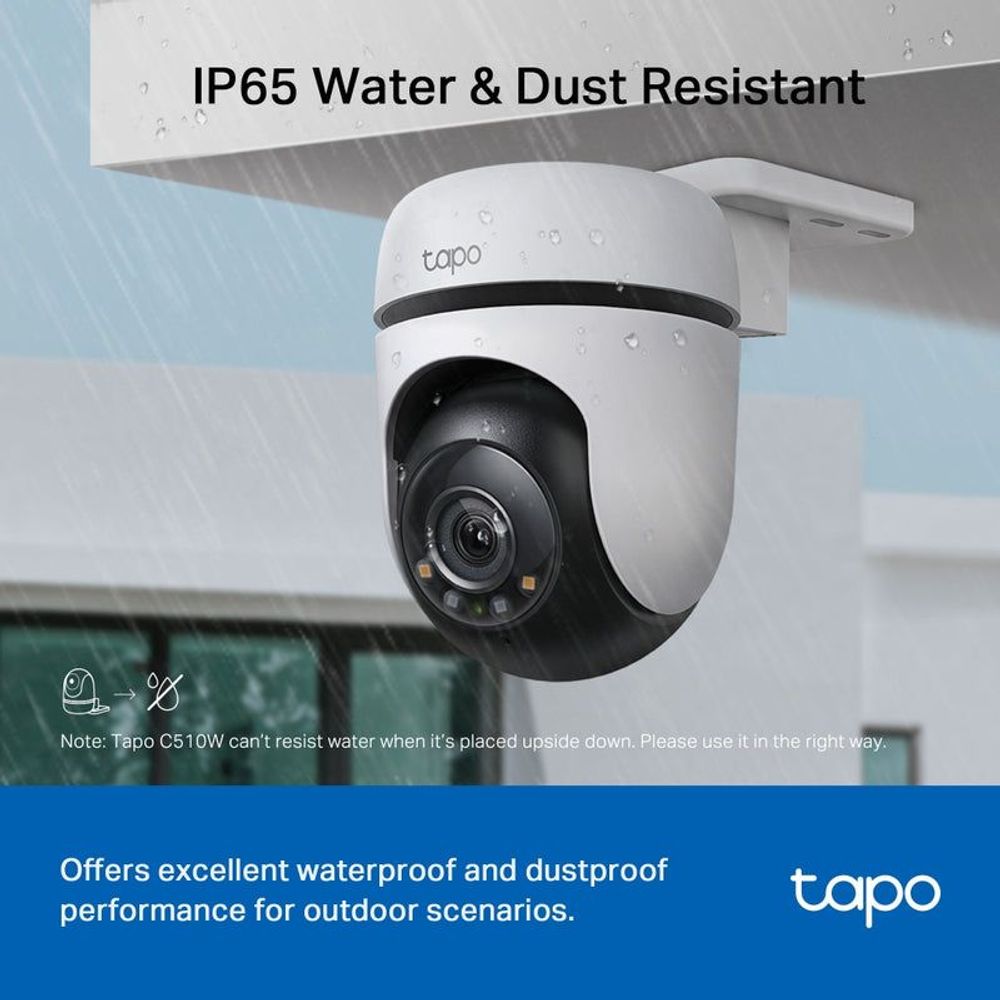 TP-Link Tapo outdoor pan-tilt security WiFi camera with raindrops on white dome