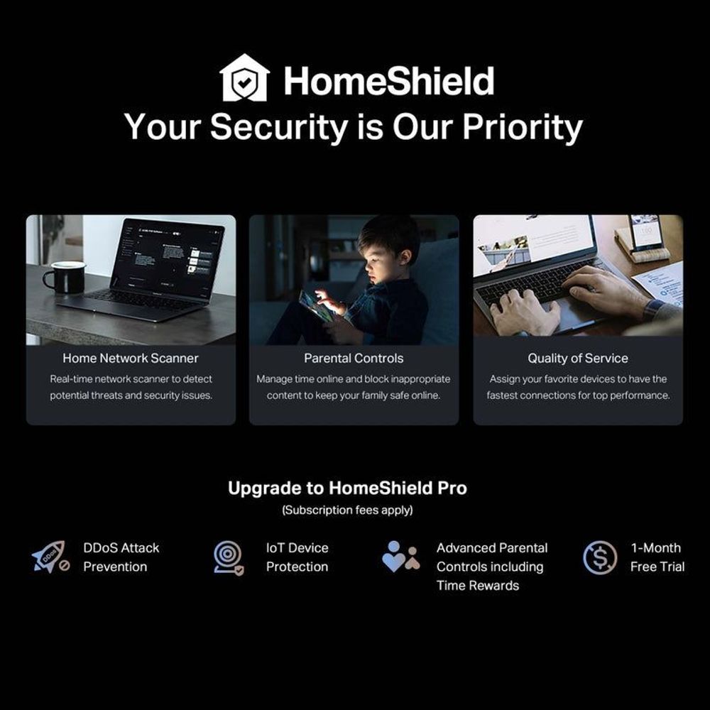 HomeShield security graphic for TP-Link router with three protection feature tiles.
