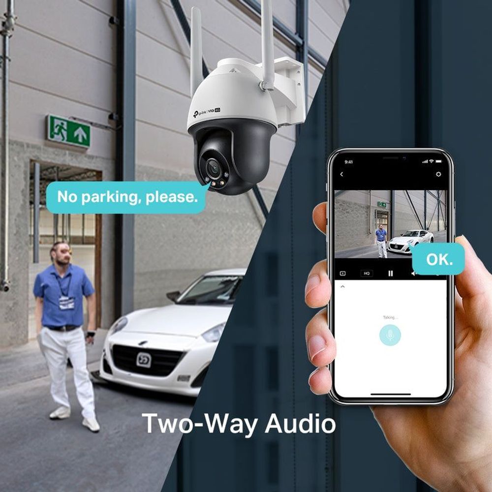 Outdoor camera two-way audio marketing with smartphone control screen graphic