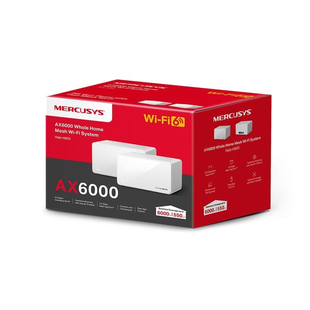 Red Mercusys AX6000 Wi-Fi 6 mesh system retail box, two-pack set