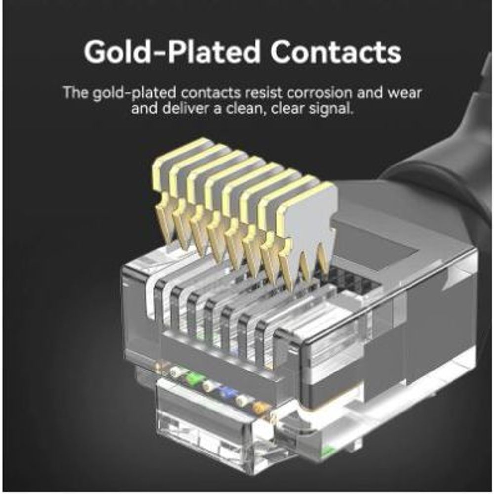 Cat6A Ethernet patch cable close-up of gold-plated RJ45 contacts