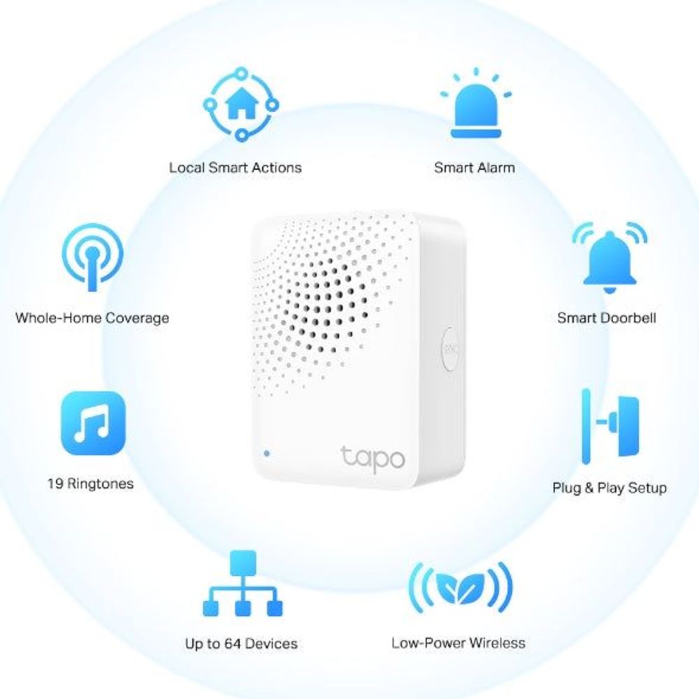 White Tapo smart IoT hub with chime, coverage icons with smart alarm and doorbell