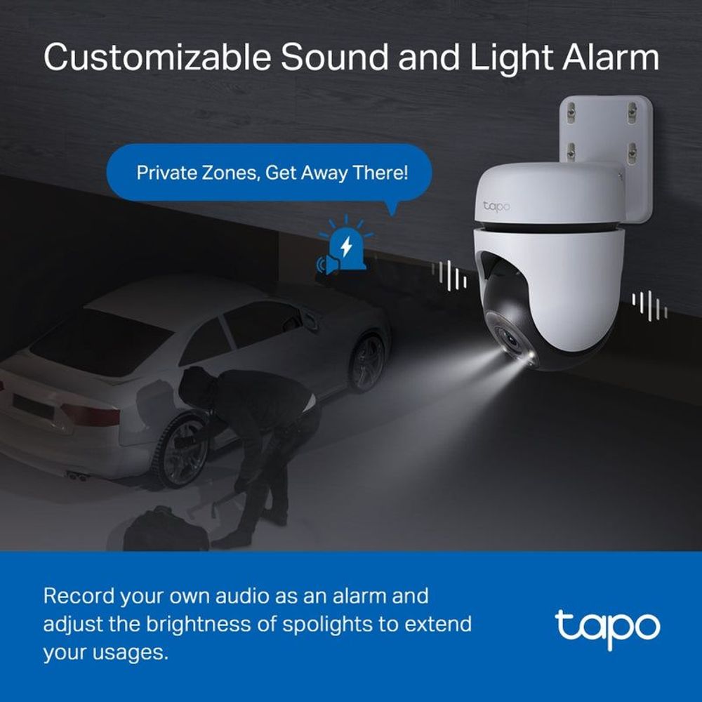 TP-Link Tapo outdoor pan-tilt security WiFi camera with alert lights, white dome
