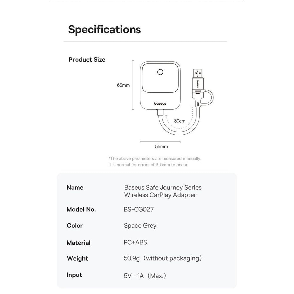 OS-Baseus SafeJourney Series Wireless CarPlay Adapter Space Grey